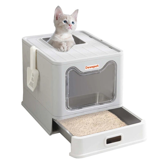 Devopet Stainless Steel Enclosed Cat Litter Box with Lid – Large Foldable Covered Litter Box with Drawer & Scoop